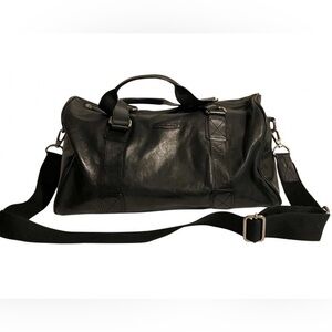 Fossil Black Leather Duffel Bag with Adjustable Strap and Silver Hardware
